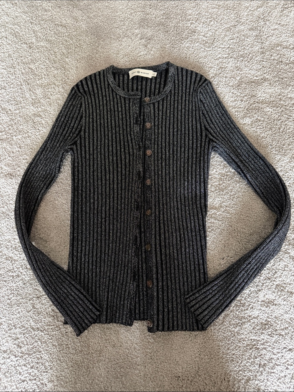 Tory Burch Black Ribbed Button-Up Cardigan